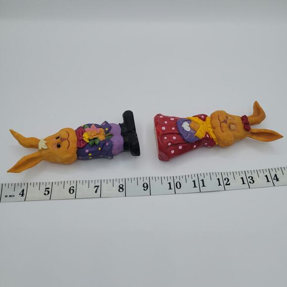 2 Vintage Faux Carved Wood His and Her Easter Bunny Resin Figurines - Picture 5 of 5